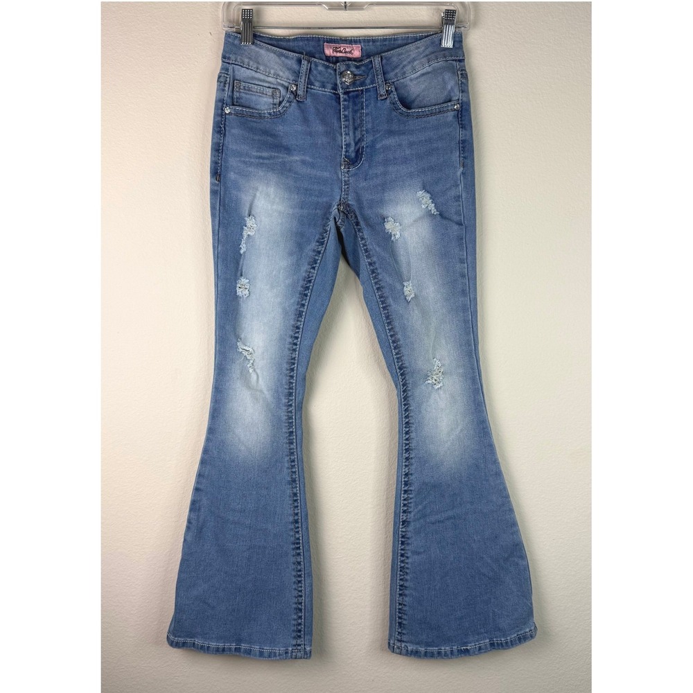 True Luck Women's Distressed Faded Flared Denim Blue Stretch  Jeans Size 5/6